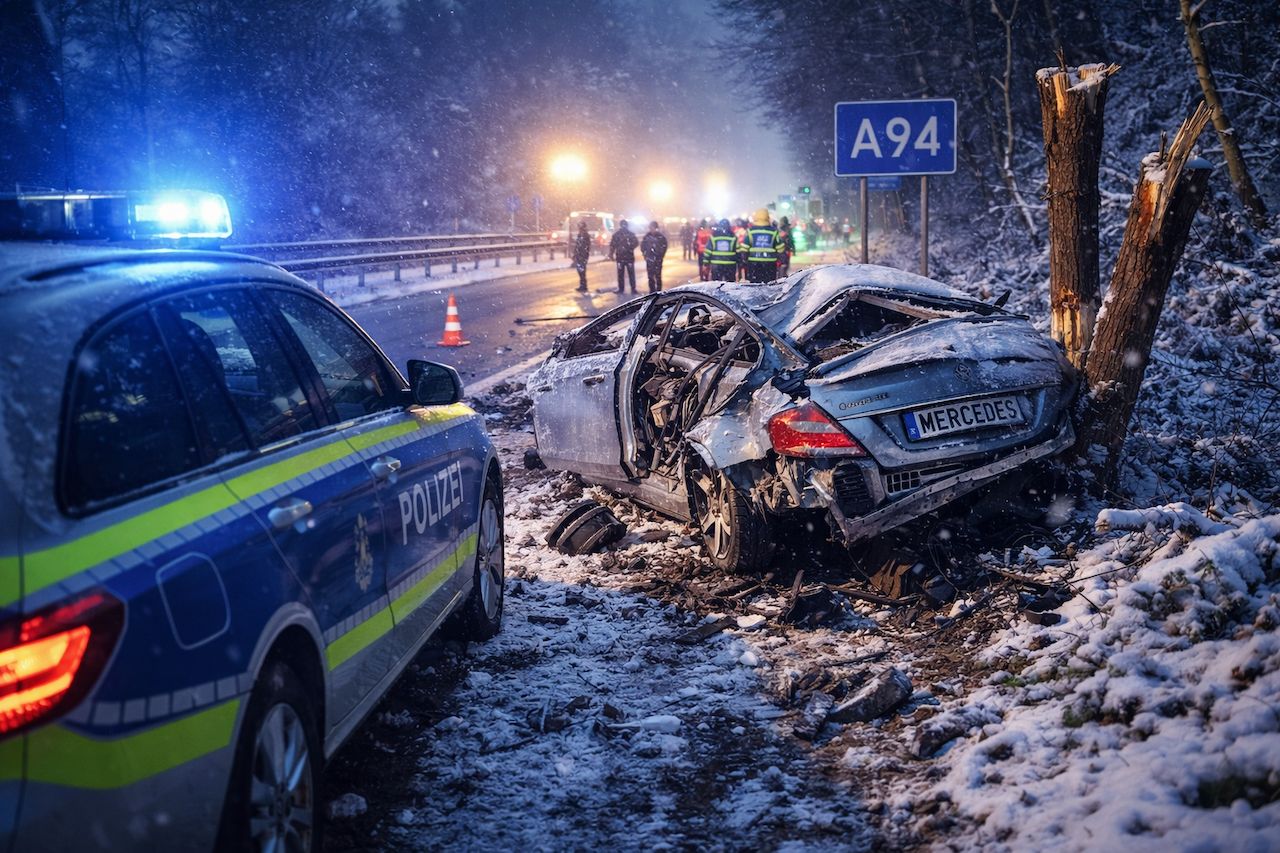 Schwerer Unfall auf der A94 bei München – Mercedes prallt gegen Bäume
