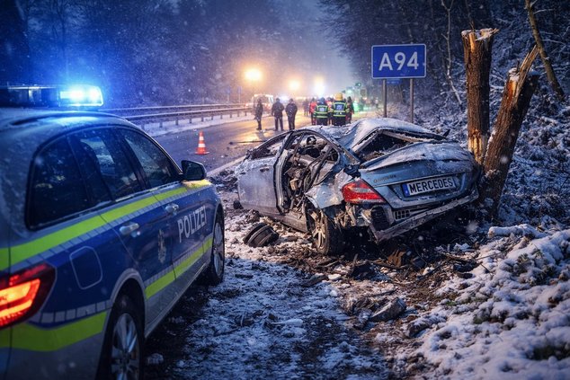 Schwerer Unfall auf der A94 bei München – Mercedes prallt gegen Bäume